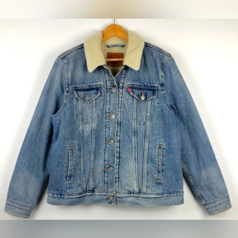 LEVIS Womens Blue Sherpa Lined Trucker 100% Cotton Denim Jacket L 19736-0